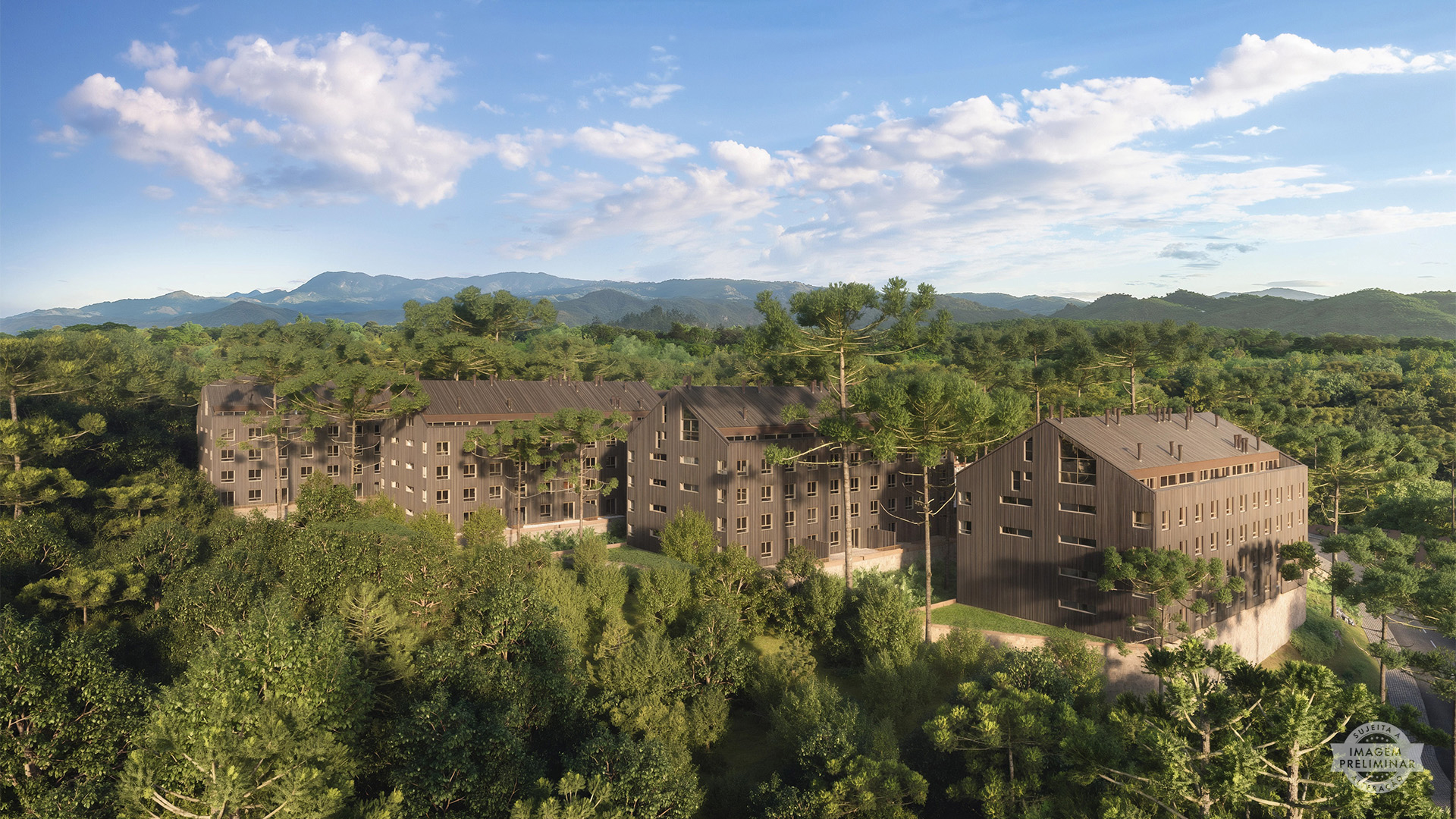 Perspectiva ilustrada aérea dos 4 blocos residenciais do W Residences Gramado.